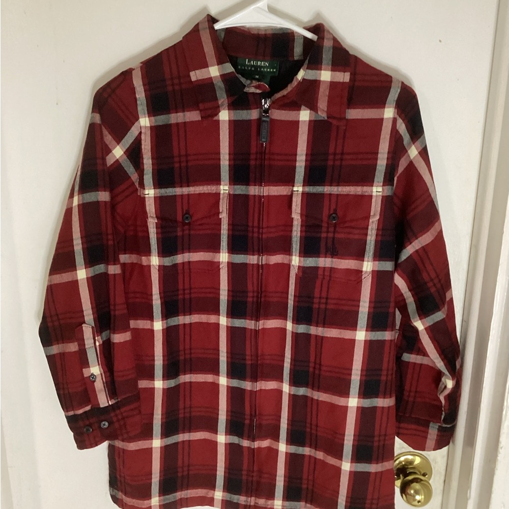 Lauren Ralph Lauren 100% Wool Women’s Tartan Plaid Full Zip Jacket Shirt Medium